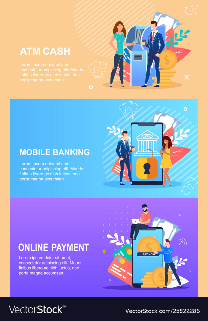 Flat Banner Inscription Atm Cash Mobile Banking Vector Image