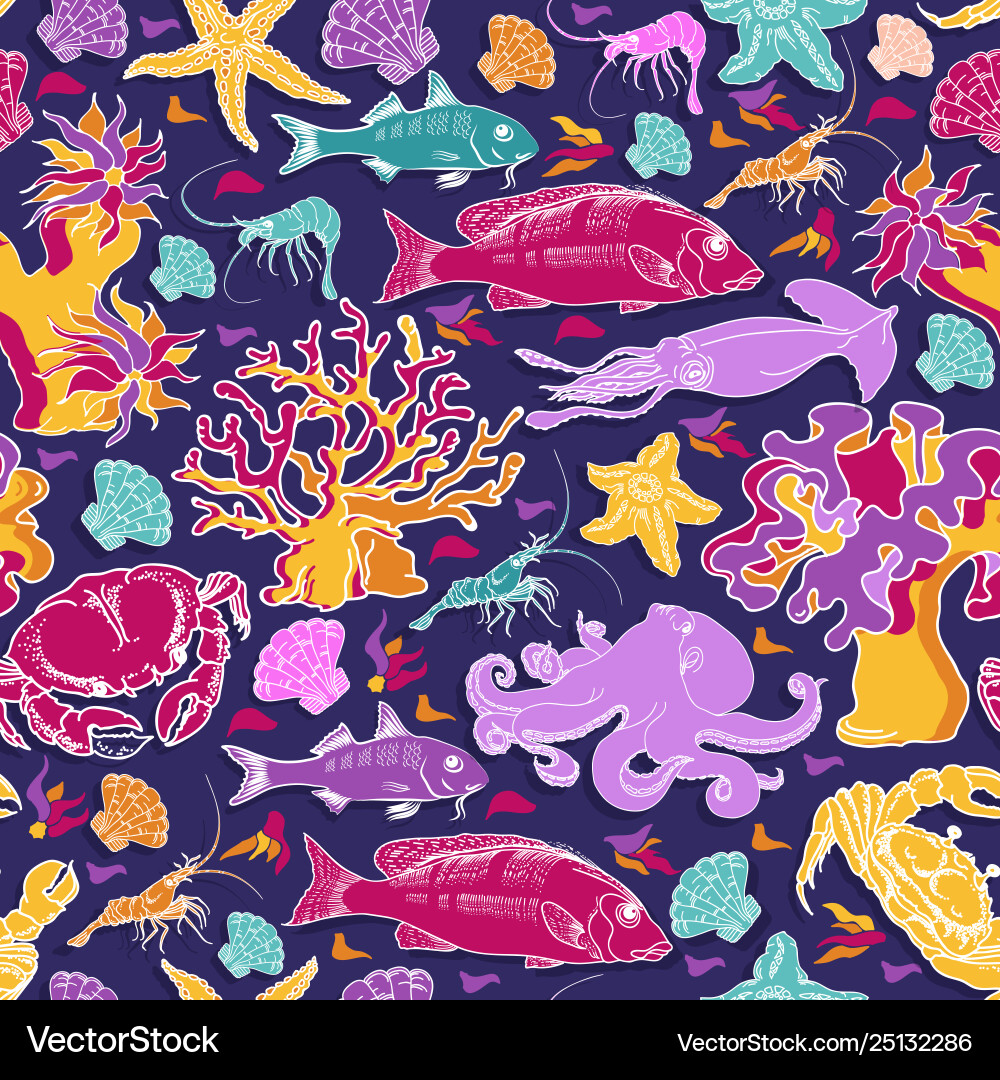 Seamless pattern fish crab squid Royalty Free Vector Image
