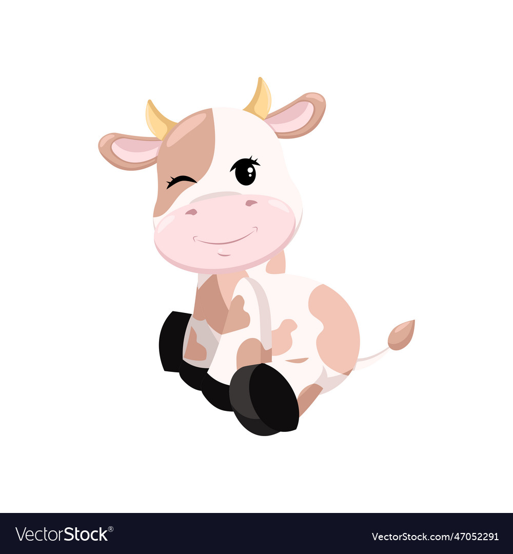 Happy baby cow sitting and winking cartoon Vector Image