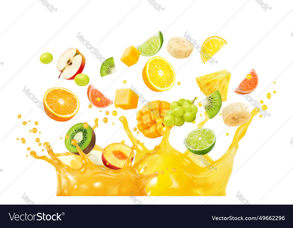 Multifruit juice fruit mix splash in corona wave Vector Image