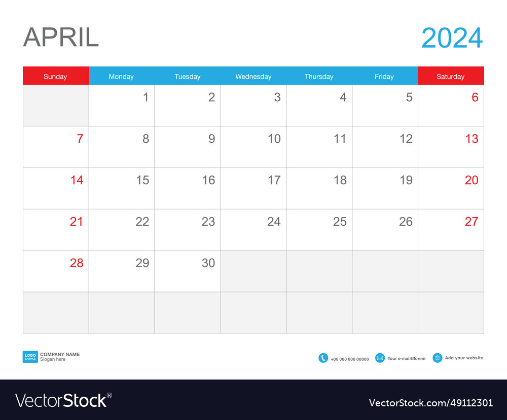 April 2024 template-calendar 2024 design desk Vector Image