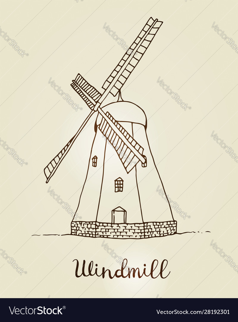 Windmill drawing hand drawn sketch mill Royalty Free Vector