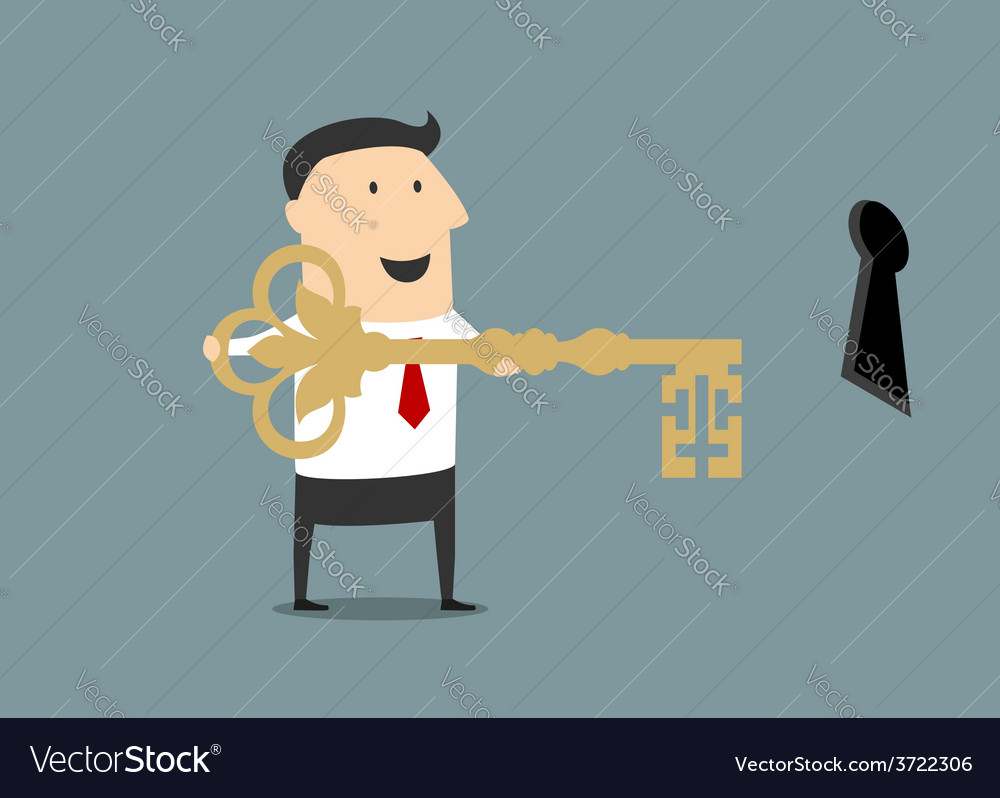 Cartoon businessman with golden key of success Vector Image