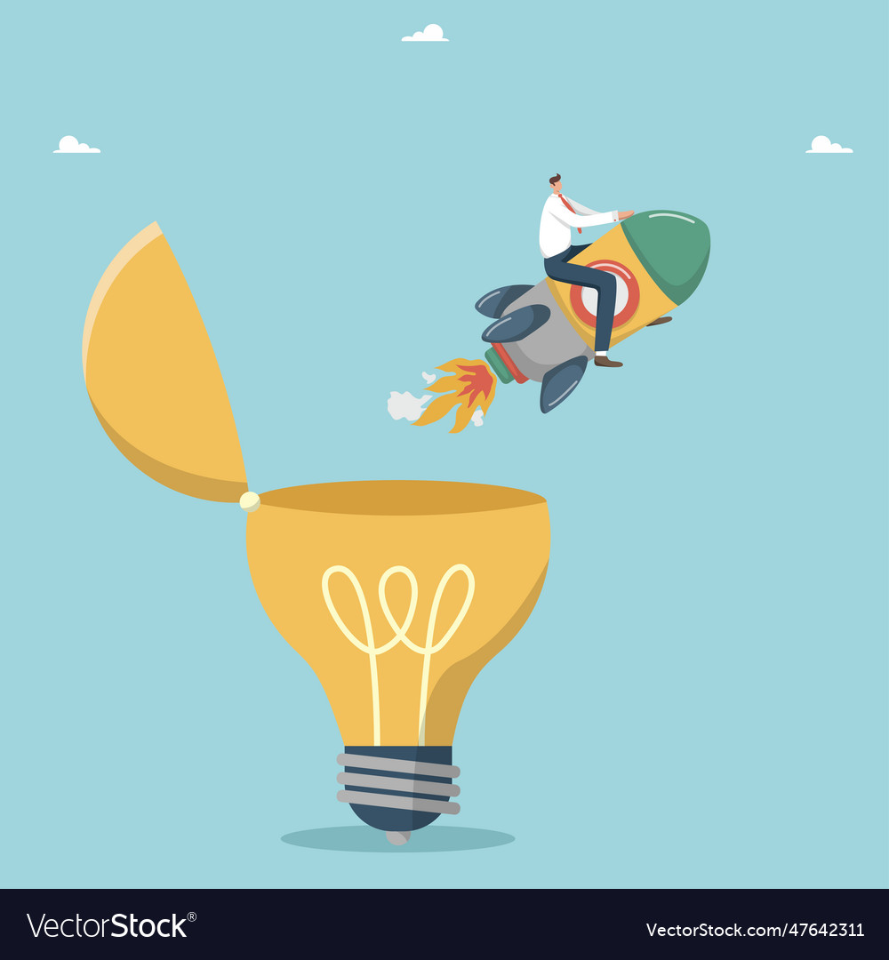 Man takes off on rocket from light bulb Royalty Free Vector