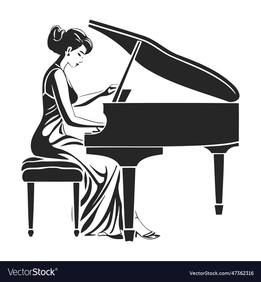 Girl pianist playing the piano simple black Vector Image