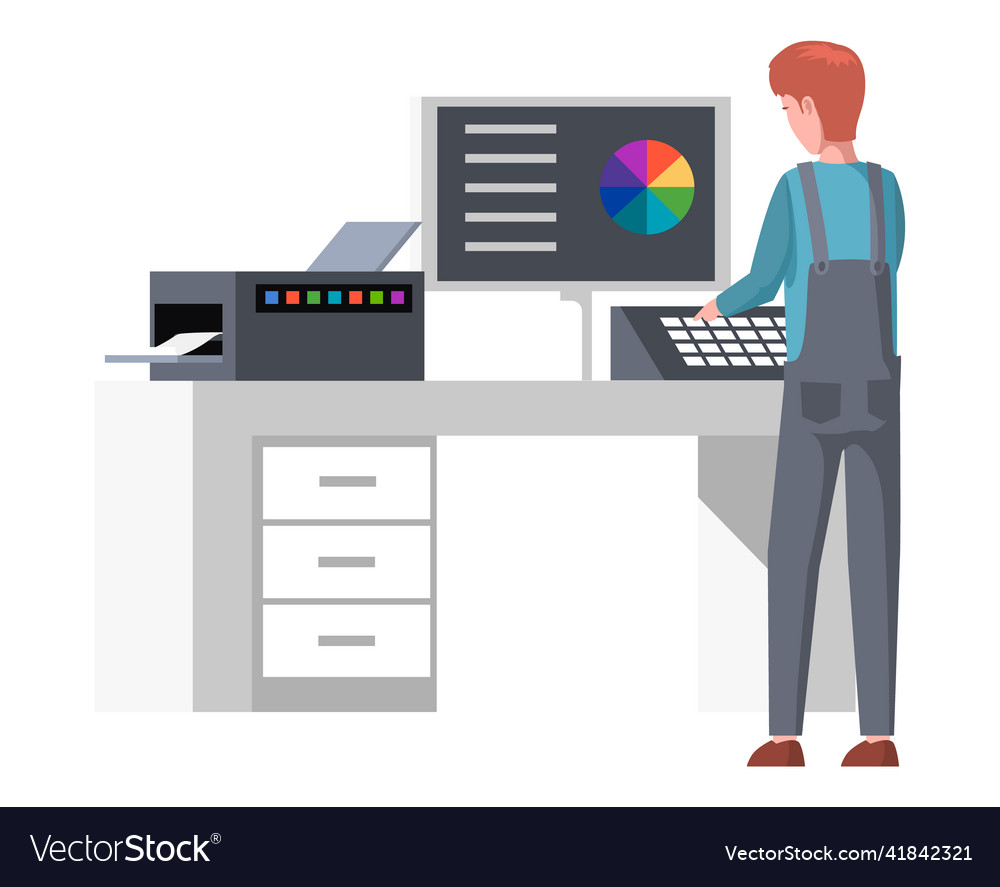 Employee controls print process in polygraphy Vector Image