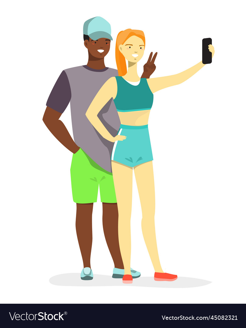 Happy multiethnic couple selfie photo on phone Vector Image