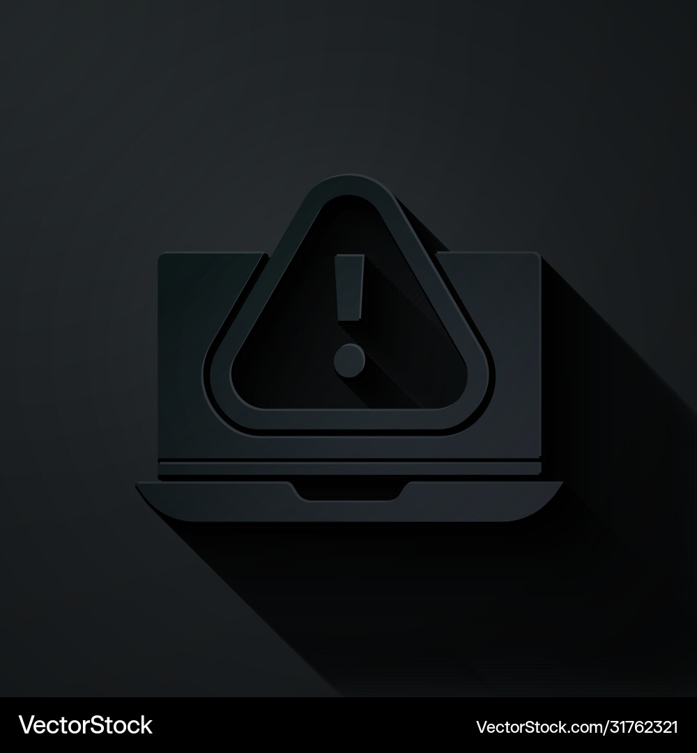 Paper cut laptop with exclamation mark icon Vector Image