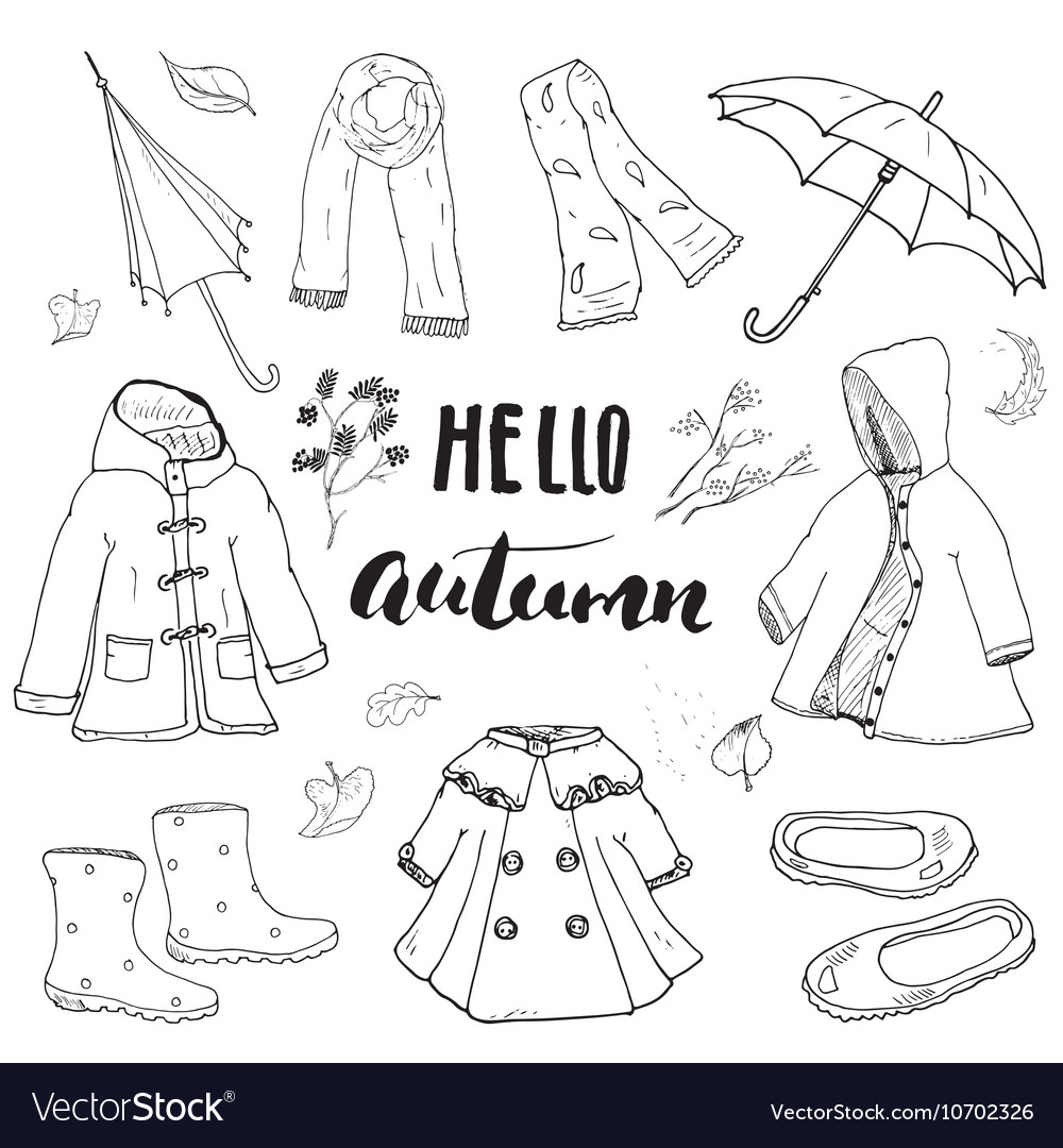 Autumn Season Clothes Set Hand Drawn Doodles And Vector Image