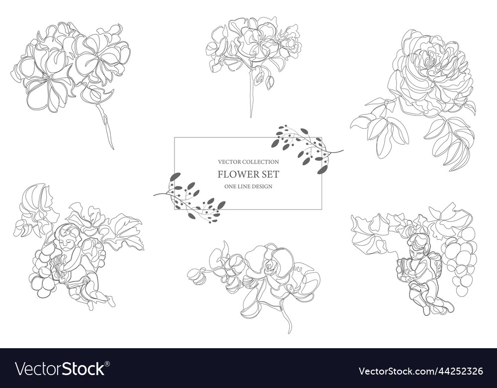 Collection of hand drawn outline flowers one line vector image Collection of hand drawn outline flowers one line