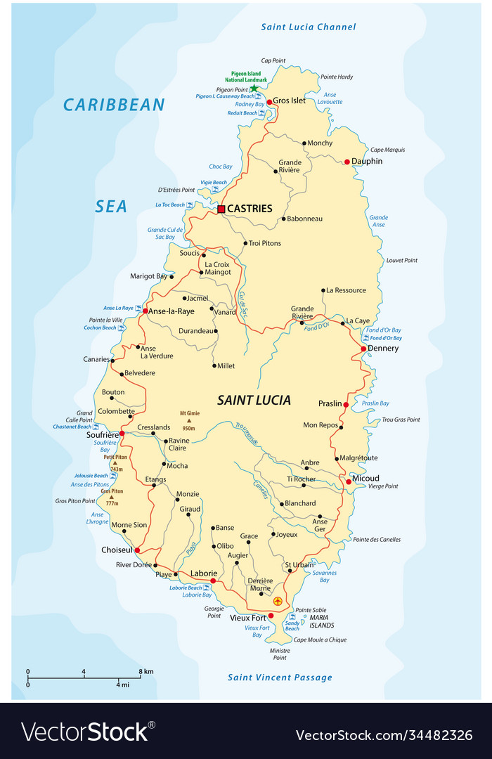 Road map west indian island st lucia Royalty Free Vector