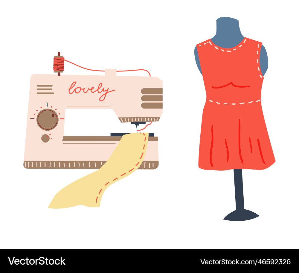 Sewing machine dress on mannequin atelier studio Vector Image