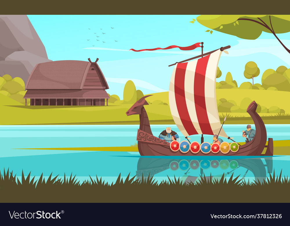 Viking sailing cartoon composition vector image Viking sailing cartoon composition