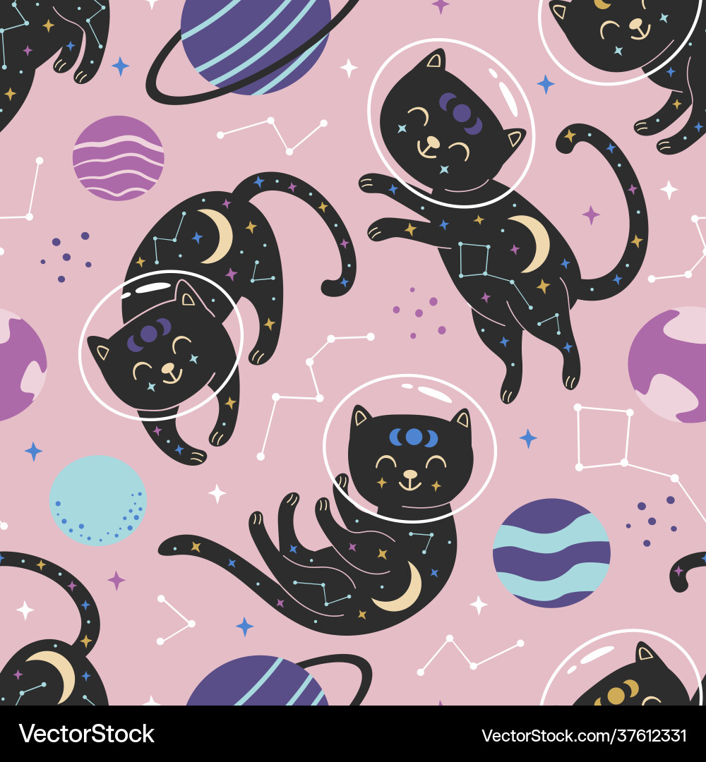 Seamless pattern with celestial cats in space Vector Image