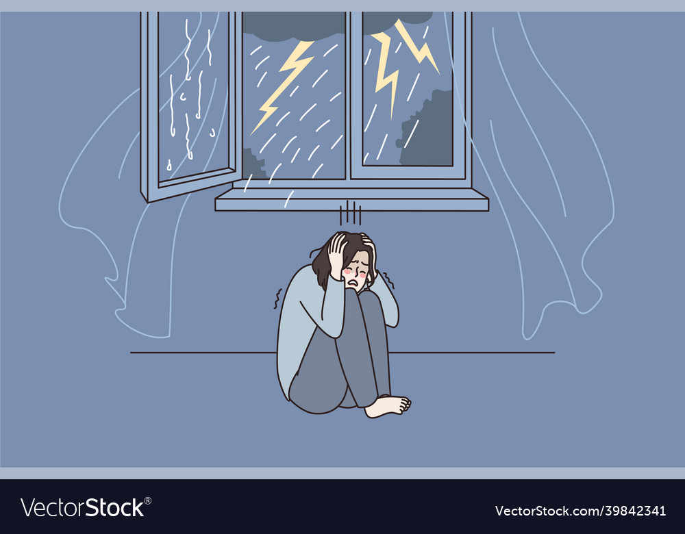 Anxious Woman Feel Scared Of Thunderstorm At Home Vector Image