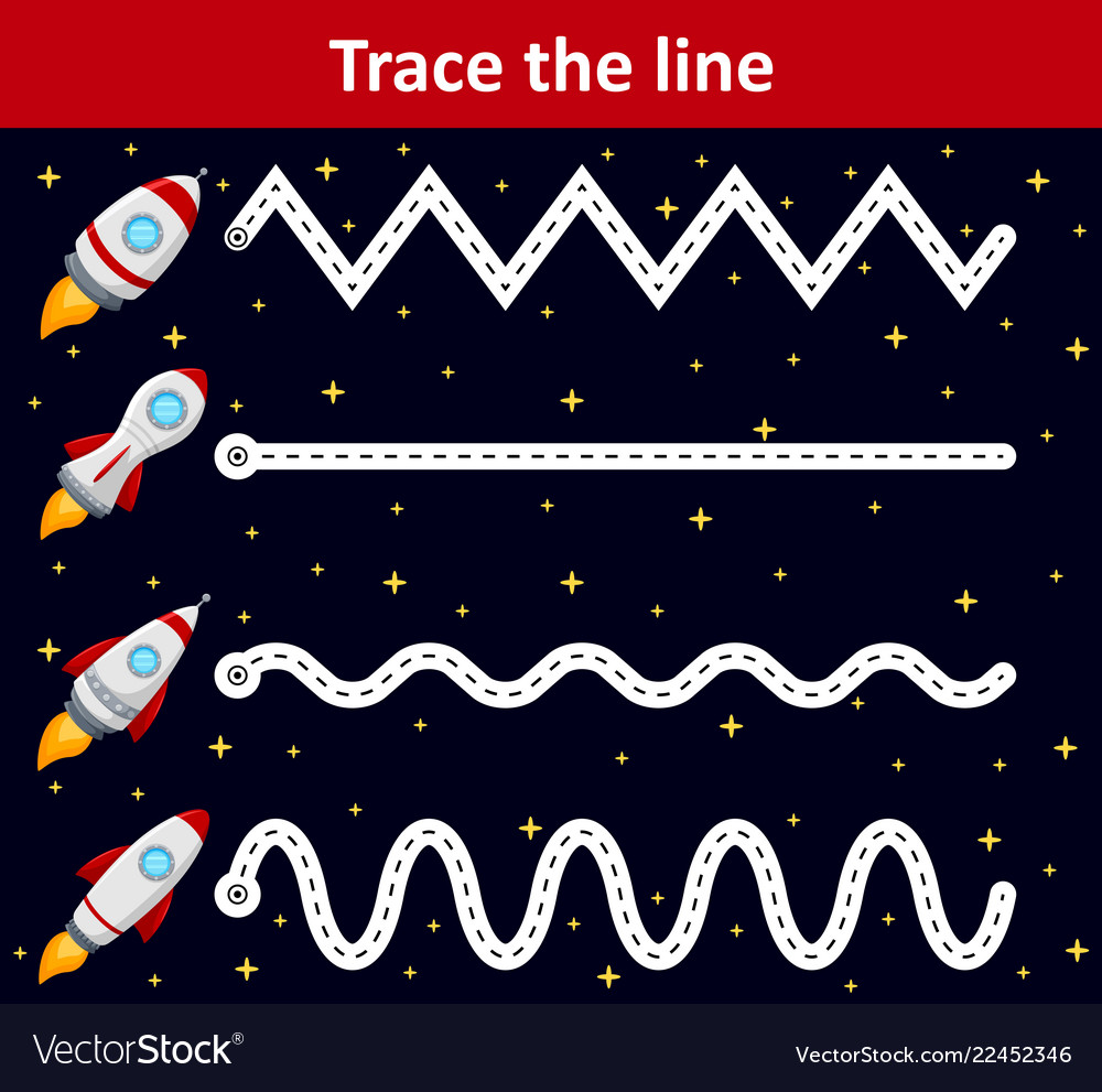 trace line worksheet for preschool kids with rocke