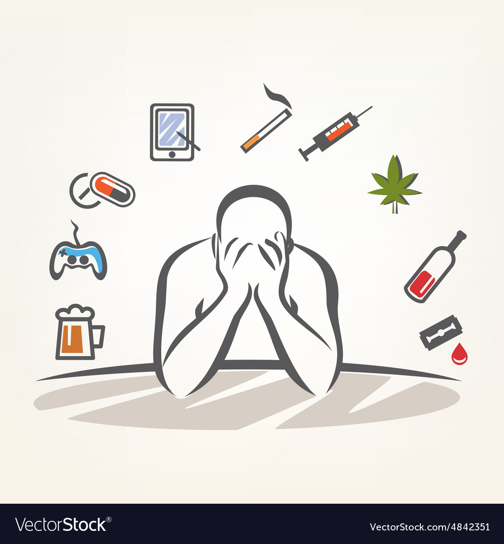 Addict Man And Set Addiction Symbols Outlined Vector Image