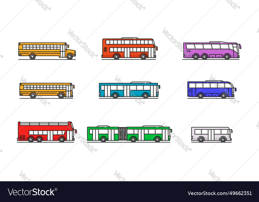 City travel and school bus color line icons Vector Image