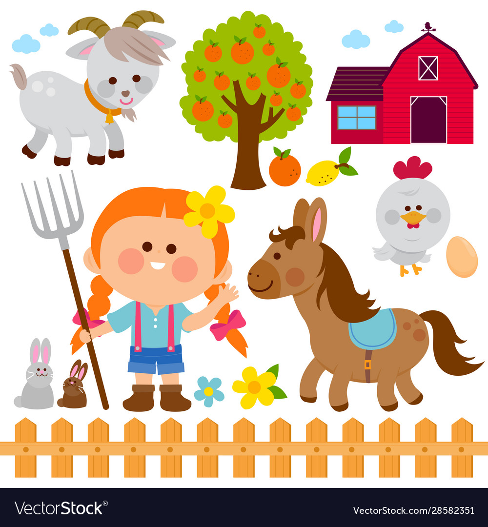 Farmer girl and animals set Royalty Free Vector Image