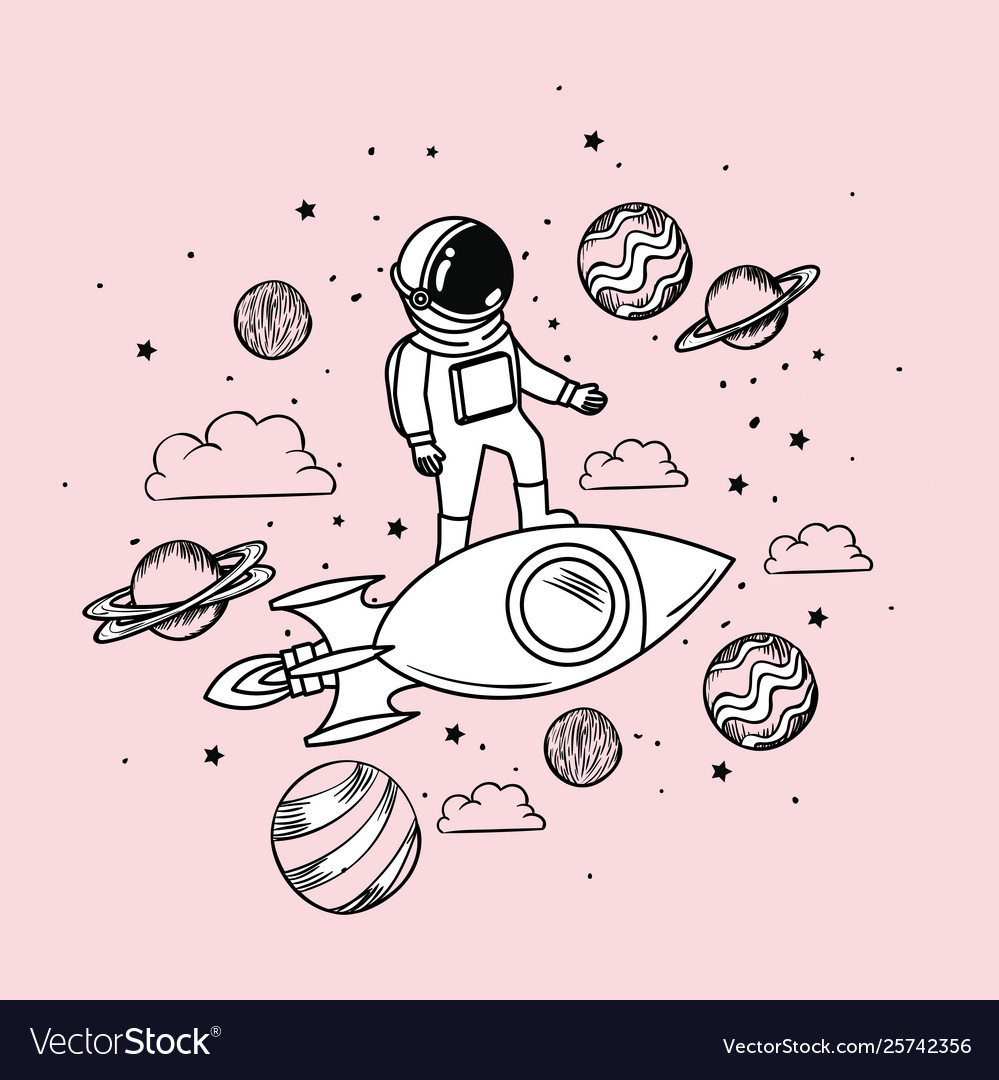 Astronaut Draw With Rocket And Planets Design Vector Image