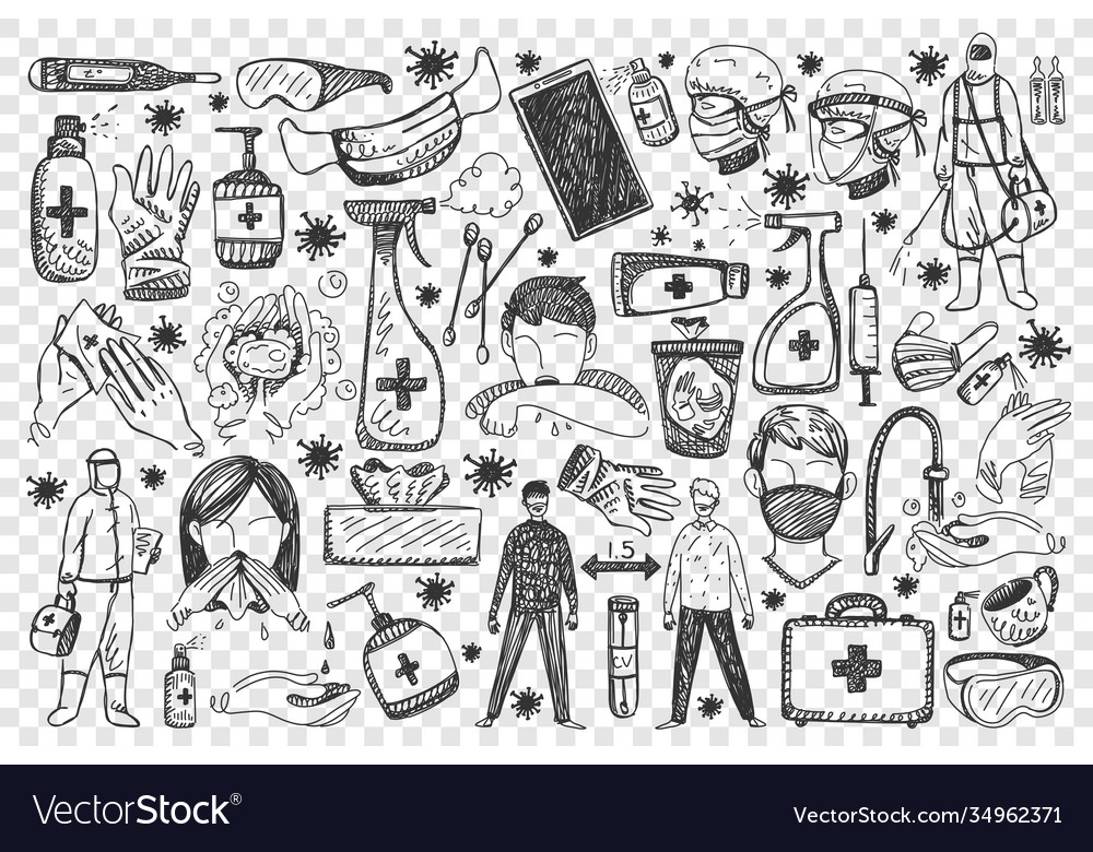 Coronavirus Hand Drawn Doodle Set Royalty Free Vector Image