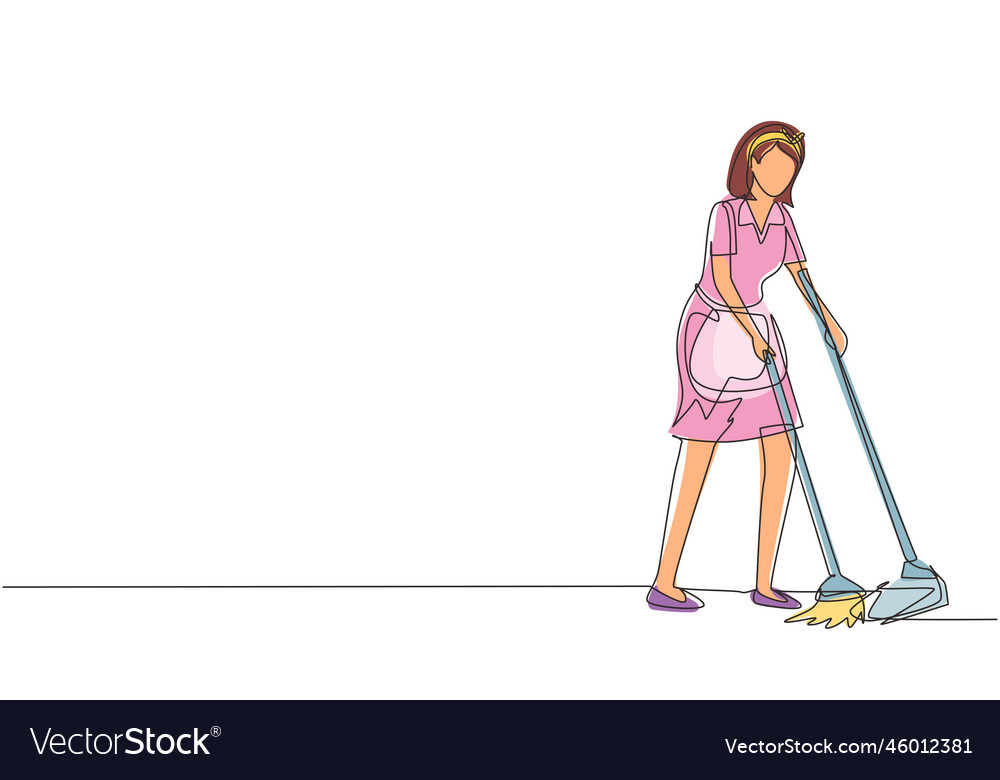 Continuous one line drawing housekeeping girl Vector Image