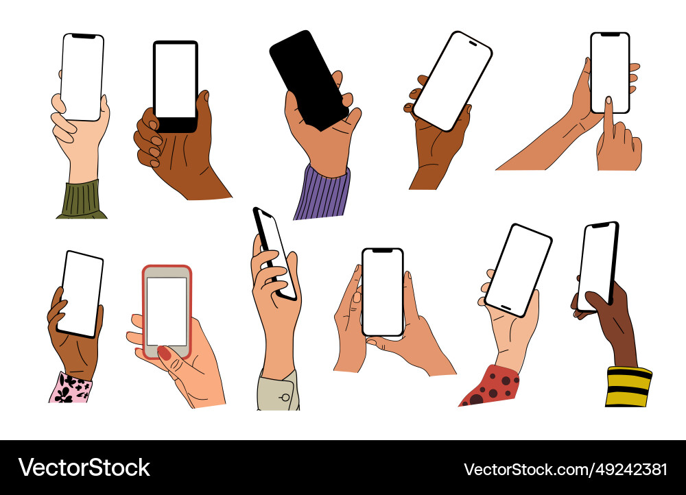 Different hands holding mobile phones set Vector Image