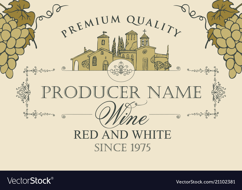 Wine label with landscape of village and grapes Vector Image