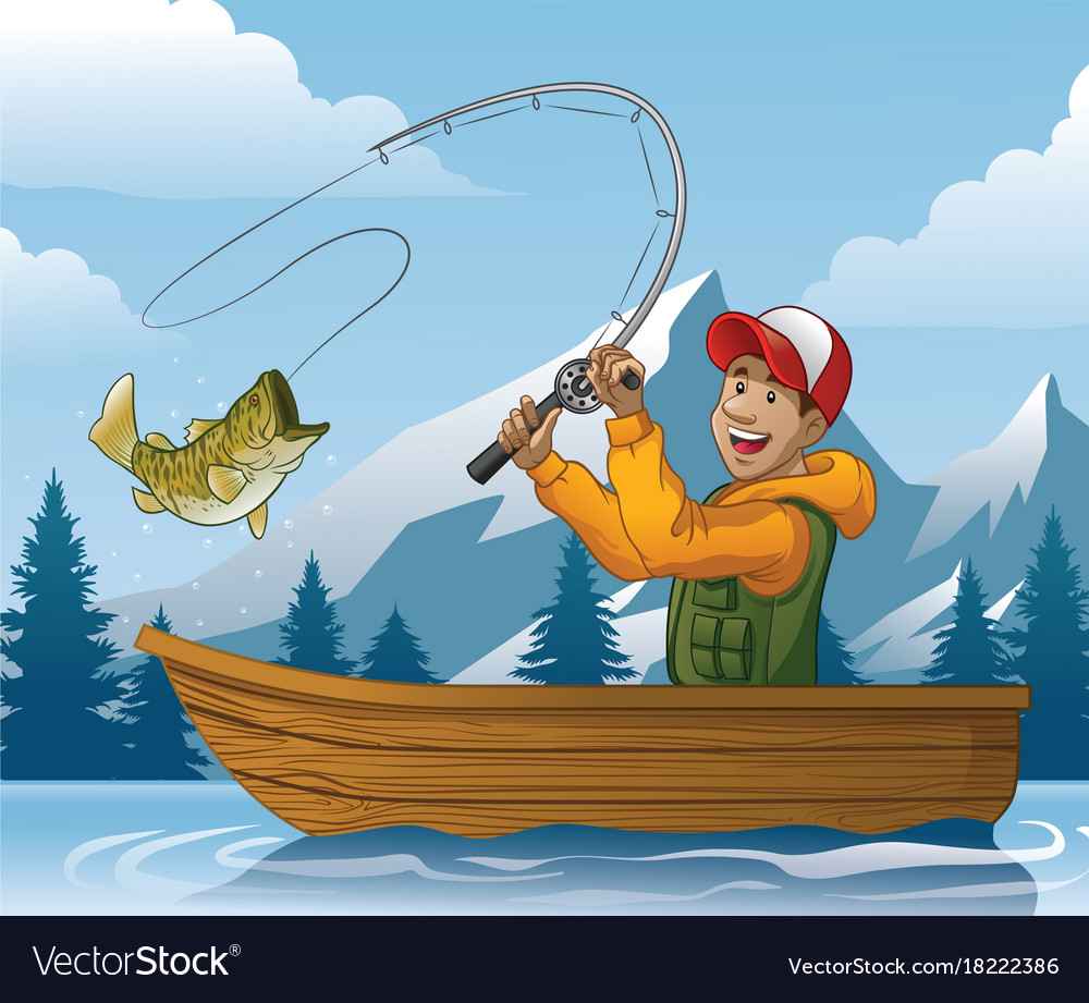 Cartoon of man fishing in boat Royalty Free Vector Image