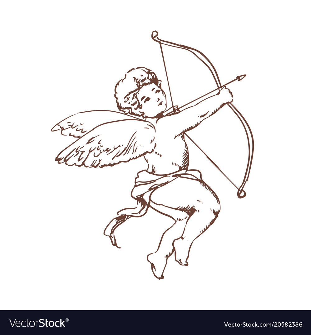 Drawing of adorable cupid with bow aiming or Vector Image