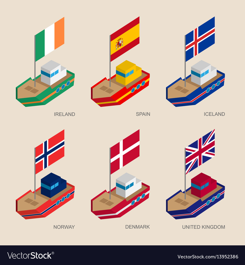 Isometric ships with flags Royalty Free Vector Image