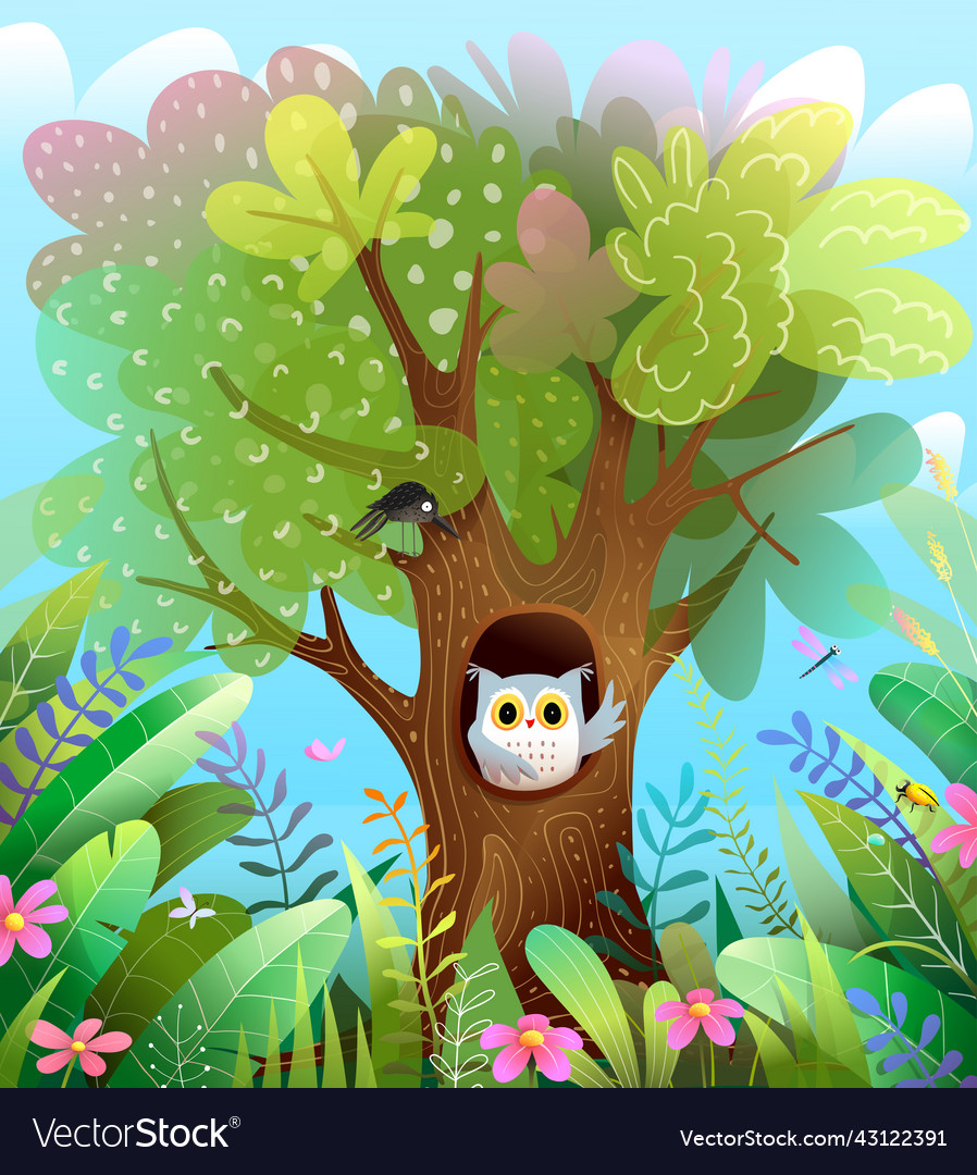 Green forest scene with hollow trunk and owl Vector Image