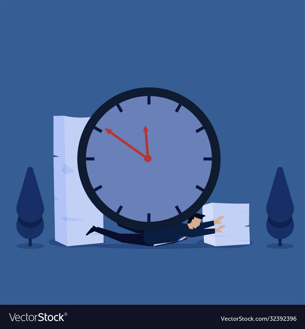 Man struck down clock and paperwork metaphor Vector Image