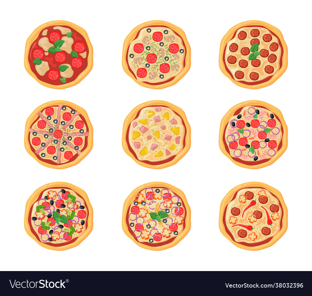 Set cartoon pizzas with different stuffing Vector Image