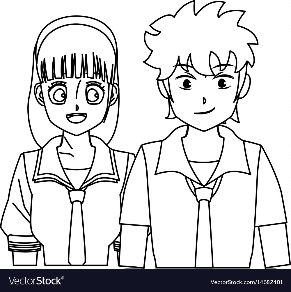 Students Girl And Boy Anime Cartoon Outline Vector Image