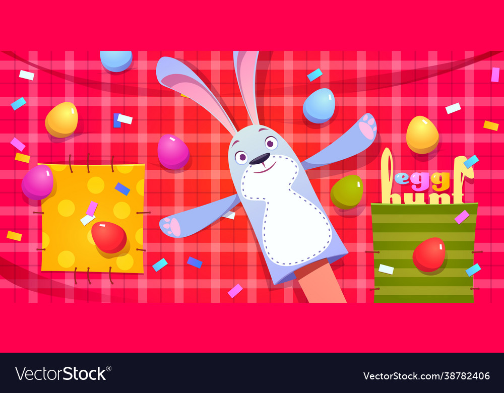 Egg hunt easter celebration with bunny puppet vector image Egg hunt easter celebration with bunny puppet