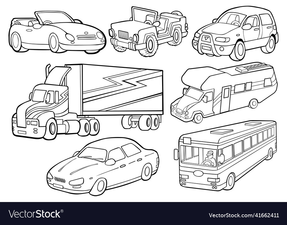 Set Of Different Cars Colouring Page Royalty Free Vector