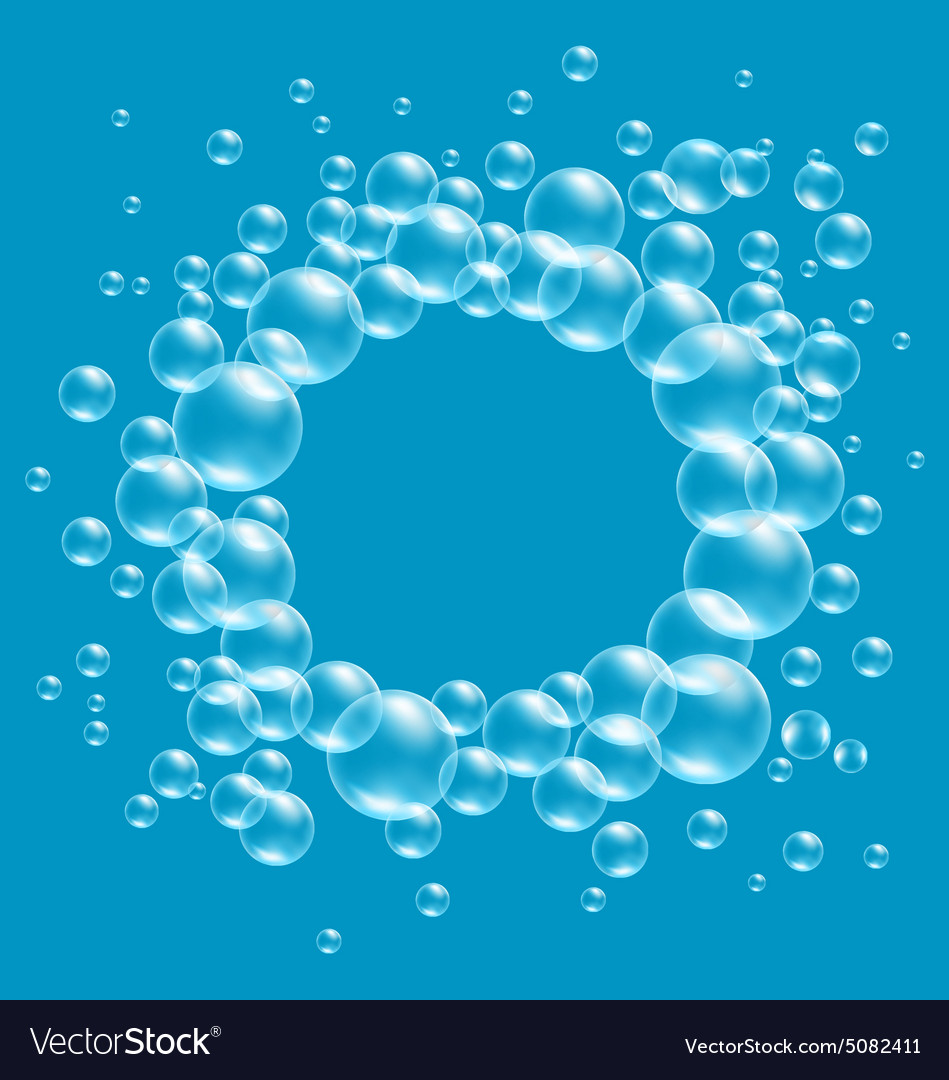 Transparent soap bubbles like frame on blue Vector Image