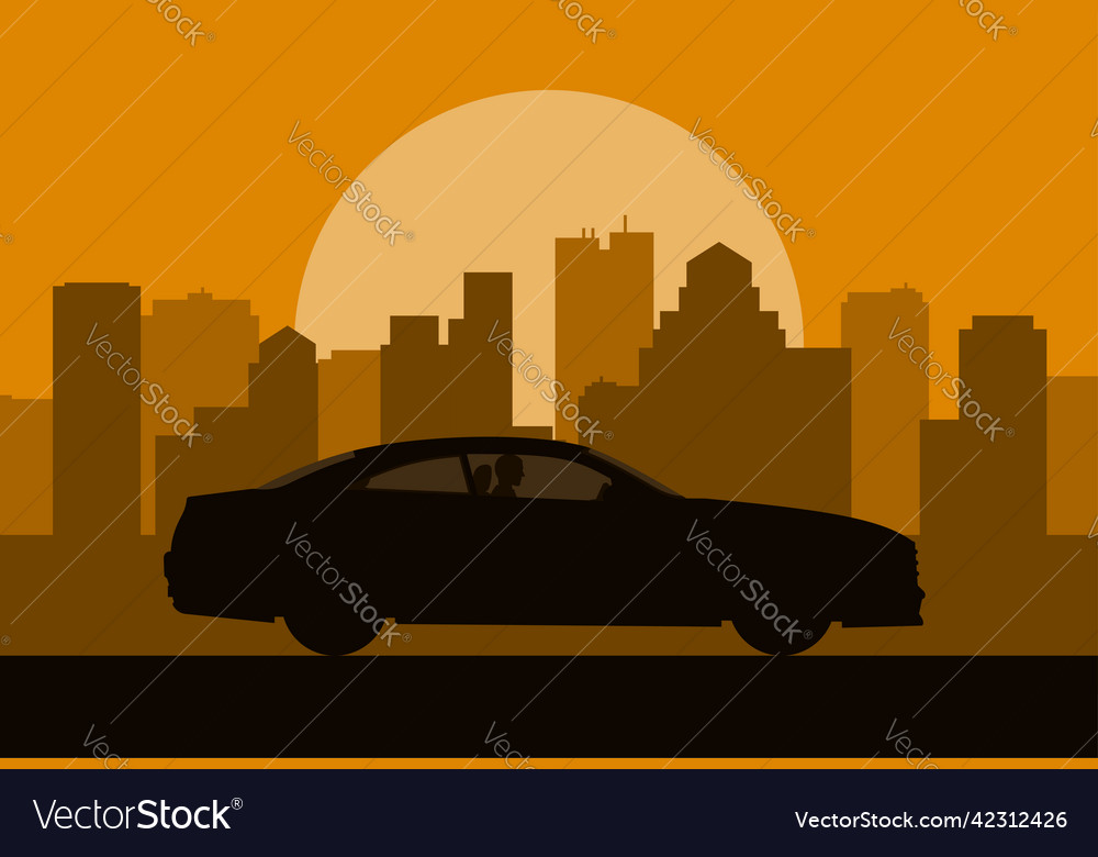 Car silhouette on the sunset city background vector image Car silhouette on the sunset city background