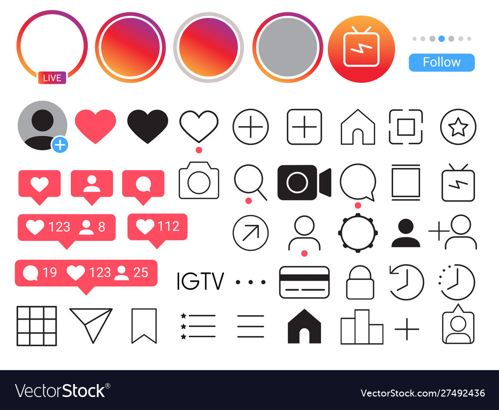 Instagram mobile ui social media icon set Vector Image