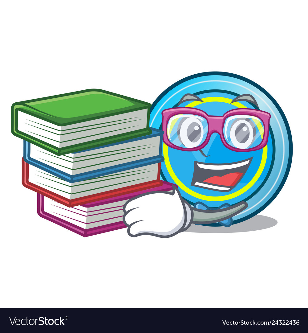 Student with book frisbee next a wooden cartoon