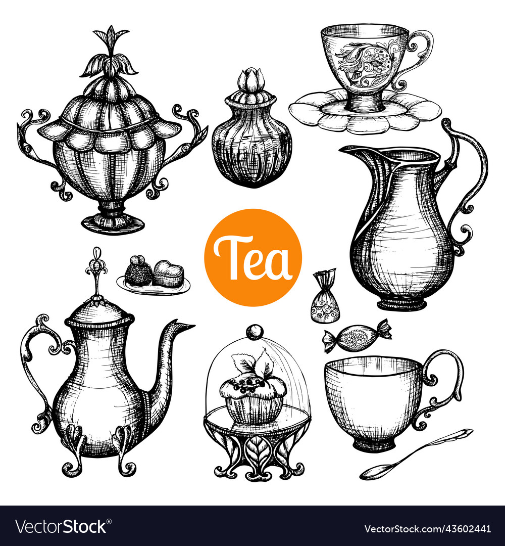 Hand drawn retro tea set Royalty Free Vector Image