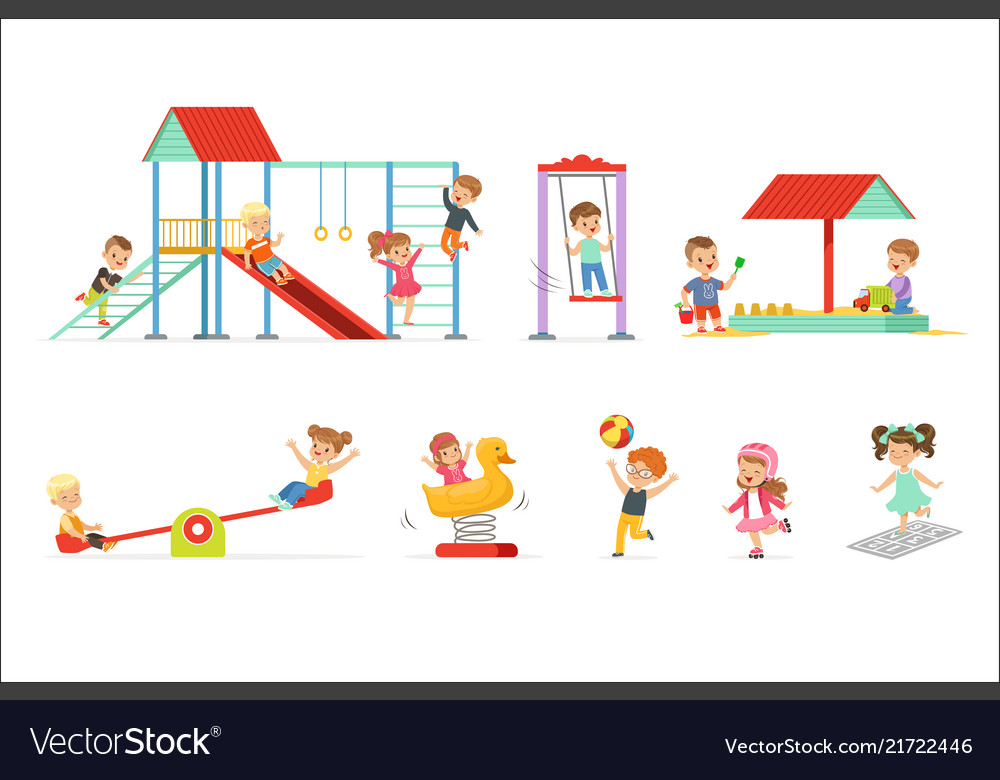 Cute cartoon little kids playing and having fun at