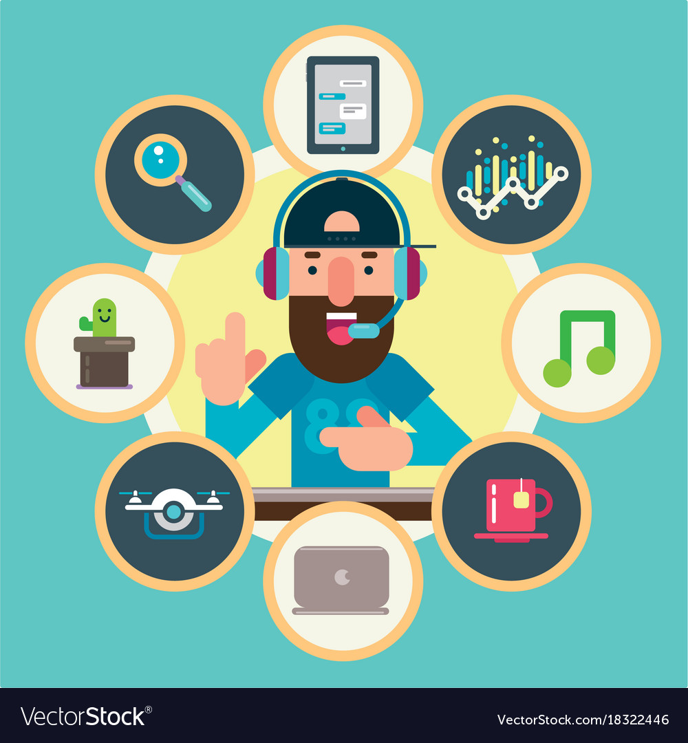 Technological guru surrounded by icons Royalty Free Vector