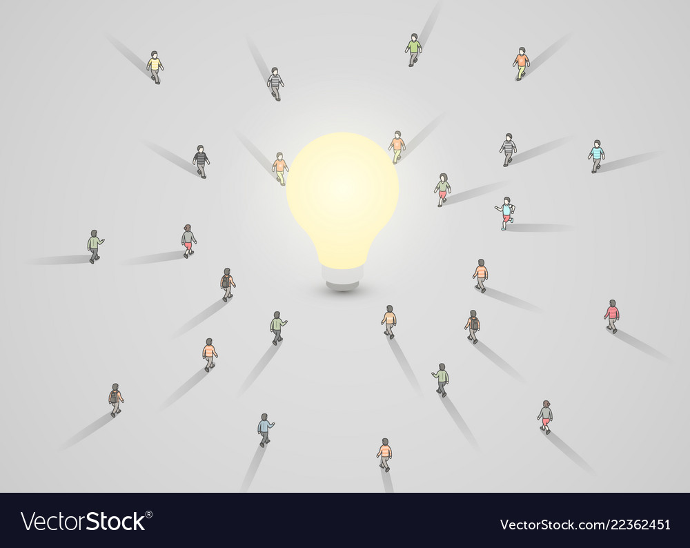 A group of people walking to light bulb Royalty Free Vector