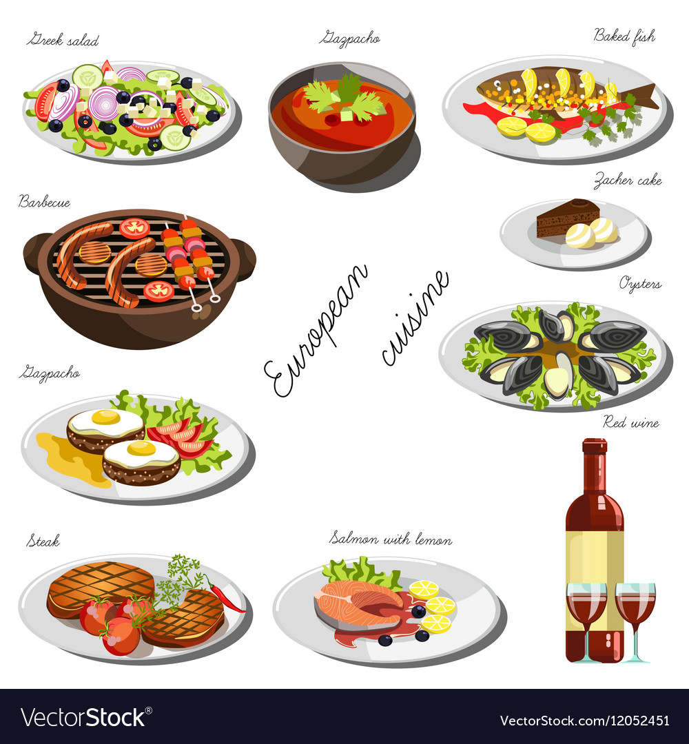 European cousine set collection food dishes Vector Image