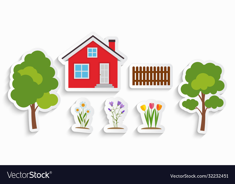 House with trees and flowers kids sticker set