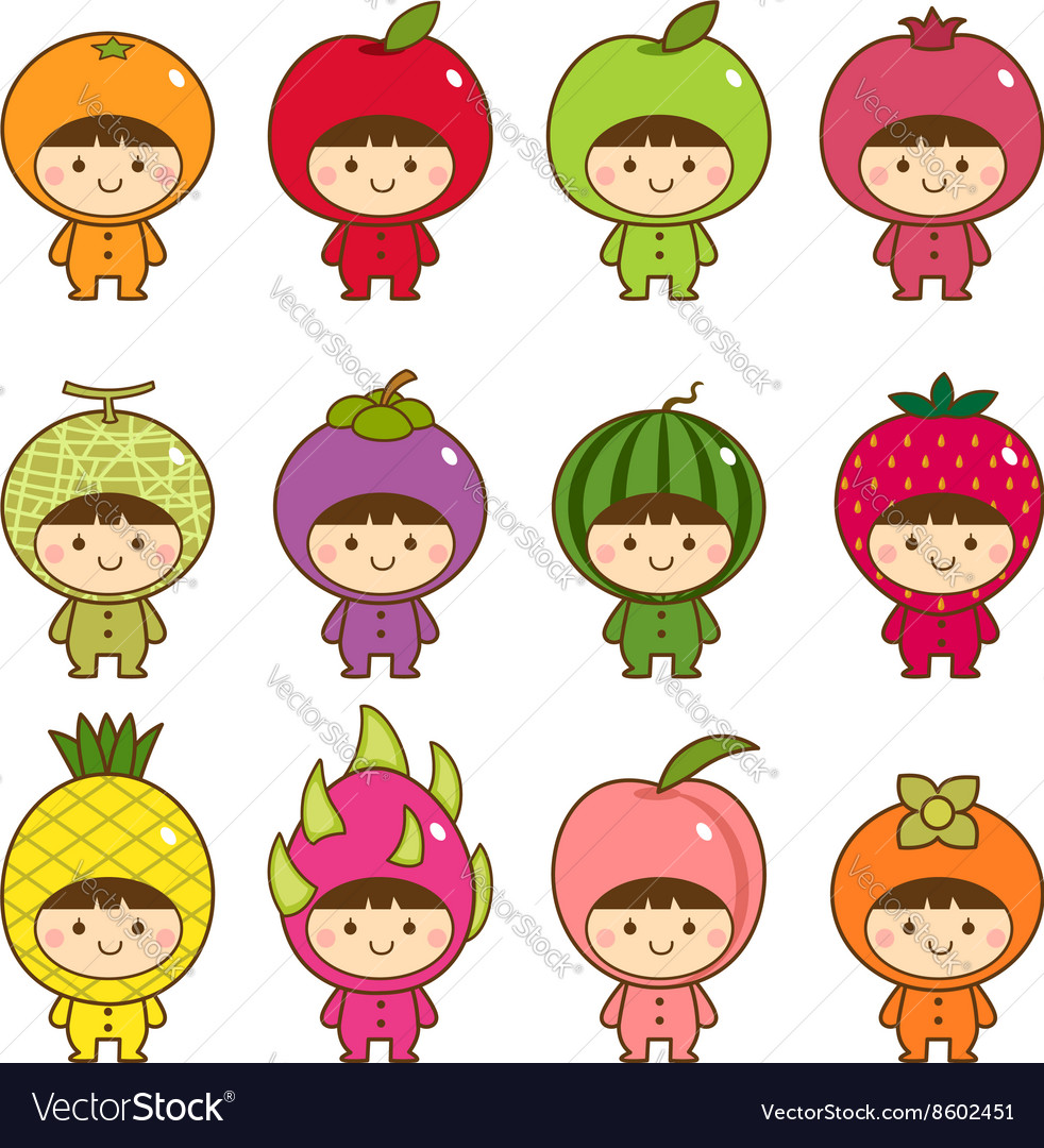 Set of kids in cute fruits costumes Royalty Free Vector