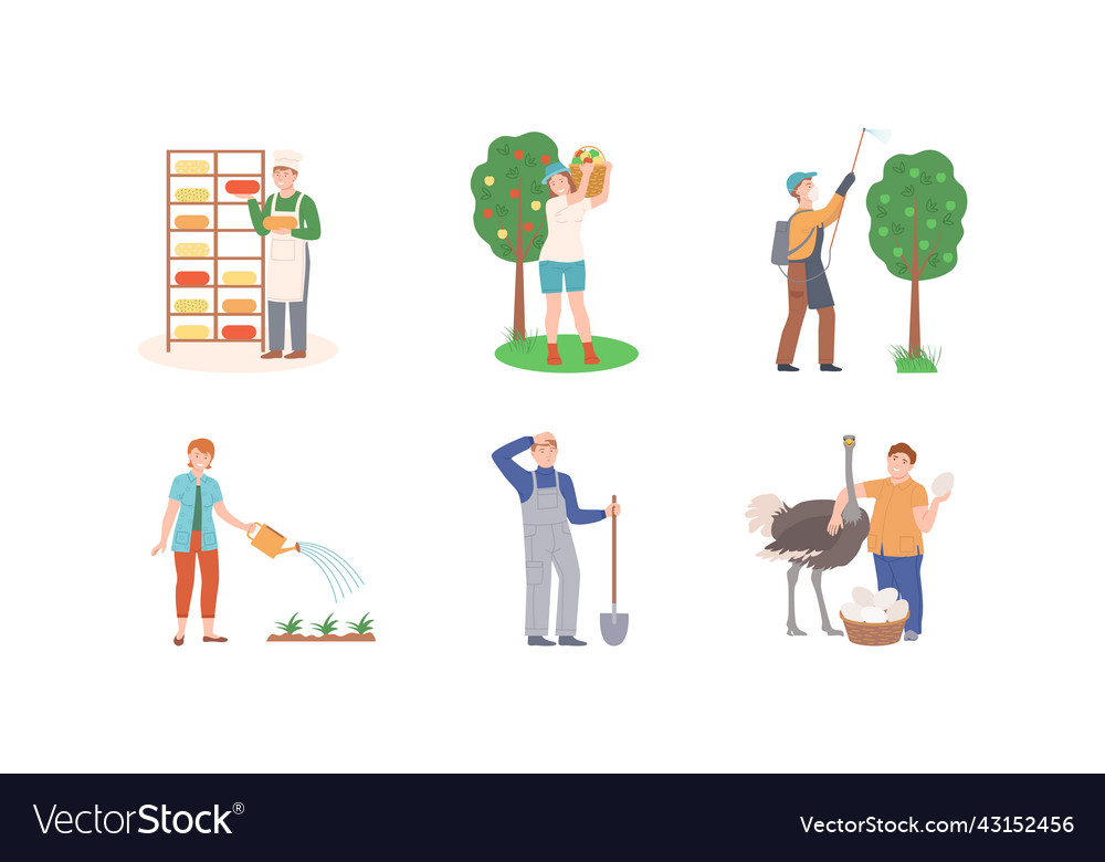 People working on farm set farmers harvesting Vector Image