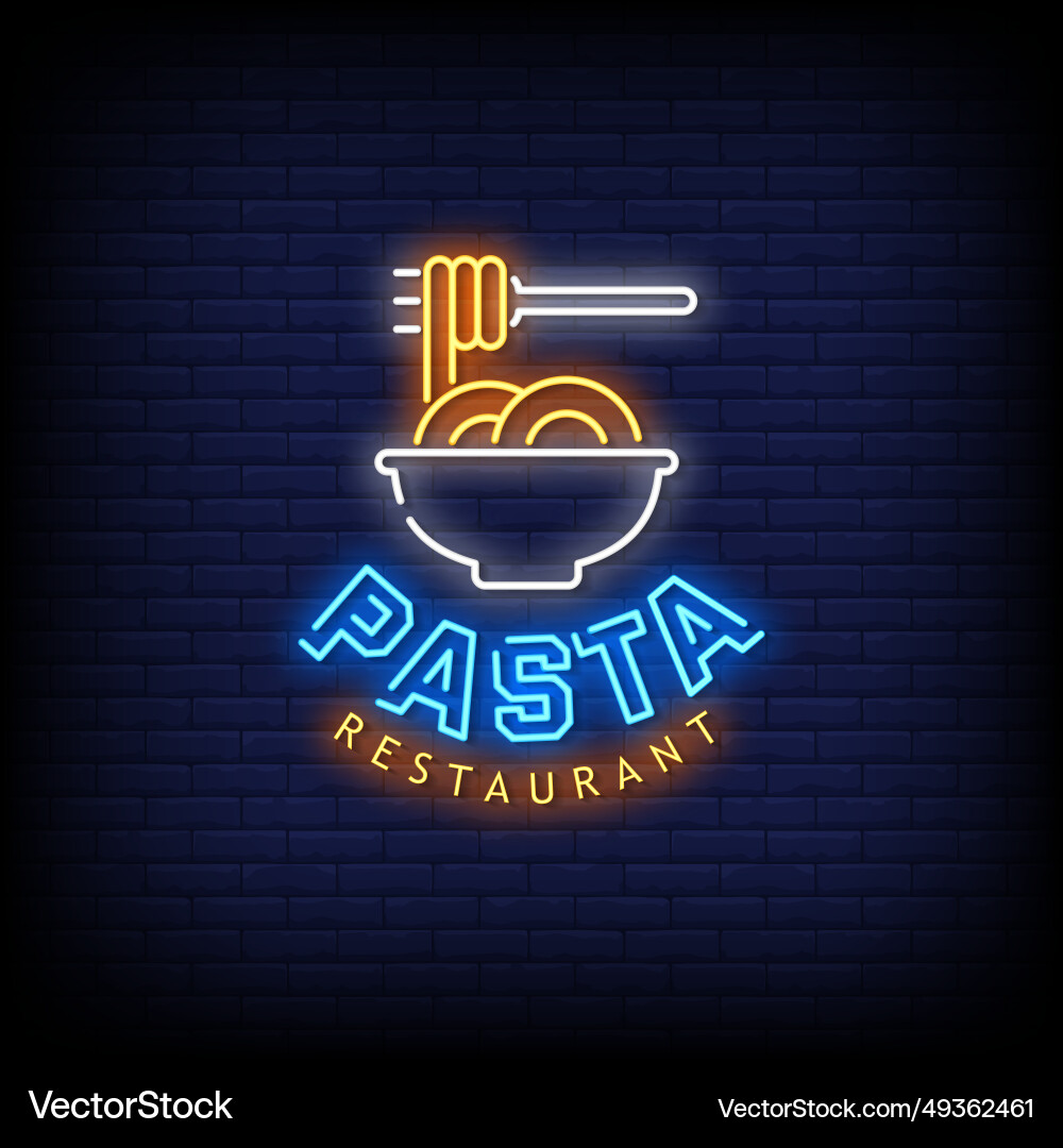 Neon sign pasta restaurant with brick wall backgro